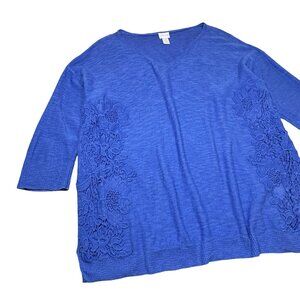 Chicos Embroidered Sweater Sz XL Blue Cotton V-Neck Preppy Cottage Feminine